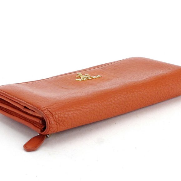 Authentic PRADA purse Zippered Wallet Ladies Mens Logo Orange Gold Leather - Picture 6 of 7